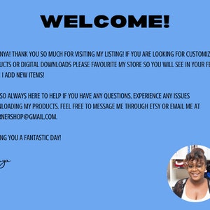 May include: A welcome message from Tanya, an Etsy shop owner, with a photo of her in her shop. The message encourages customers to favorite her shop for updates on new items and offers help with any questions or issues.