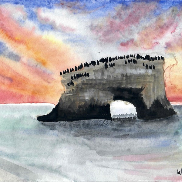 Natural Bridges Sunset - Single Blank Art Card - watercolor painting Santa Cruz California beach Pacific Ocean greeting postcard notecard