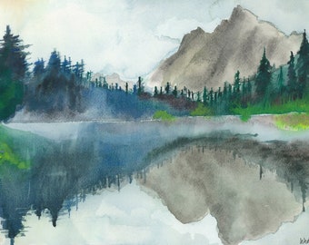 Foggy Spring Morning - Single Blank Art Card - watercolor landscape Washington Oregon Idaho Pacific Northwest lake forest postcard notecard