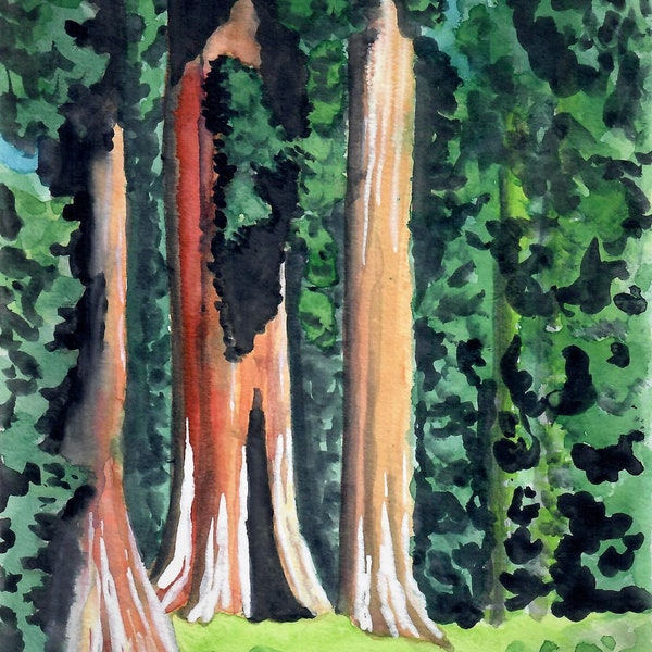 Love under the Redwoods- Single Blank Art Card - watercolor painting redwood sequoia tree grove california sierra nevada postcard notecard