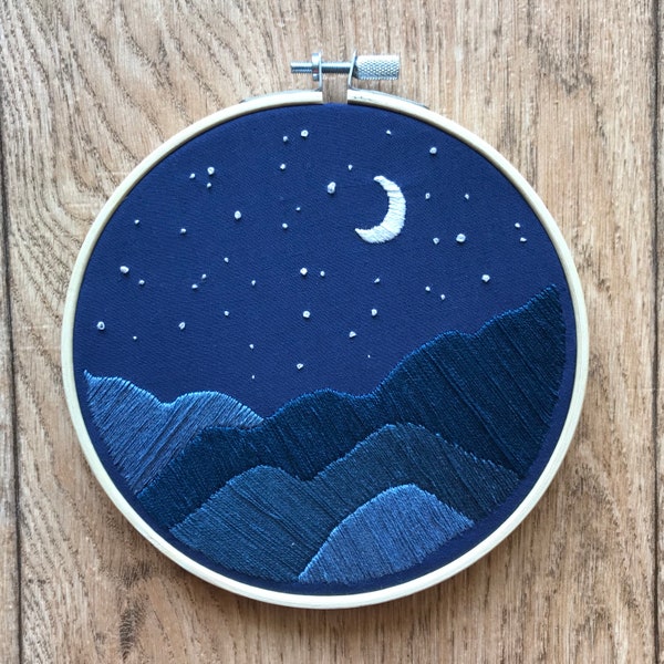 Night Sky with Mountains Hand Embroidery PDF Pattern - Immediate Download