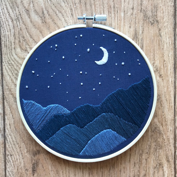 Night Sky with Mountains, Moon, and Stars - Complete Hand Embroidery Kit