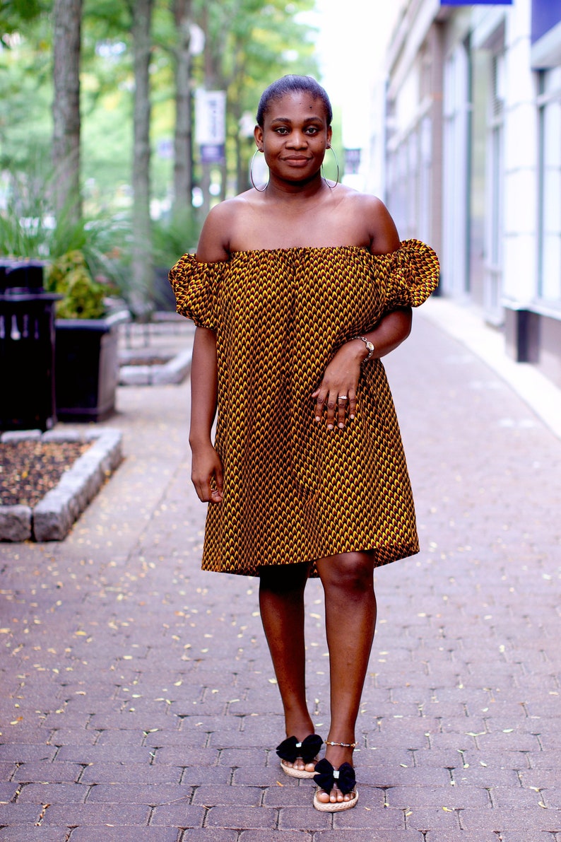 Ankara Off Shoulder Dress, Off the Shoulder Dress, Brown Off Shoulder Dress, Womens Dress image 2