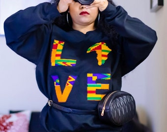 Love Africa Sweatshirt Black, Unisex Ankara Sweatshirt, Kente Sweatshirt,Womens Sweatshirt, Mens Sweatshirt