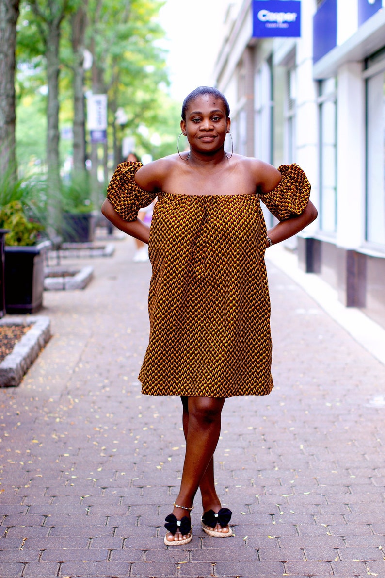 Ankara Off Shoulder Dress, Off the Shoulder Dress, Brown Off Shoulder Dress, Womens Dress image 4