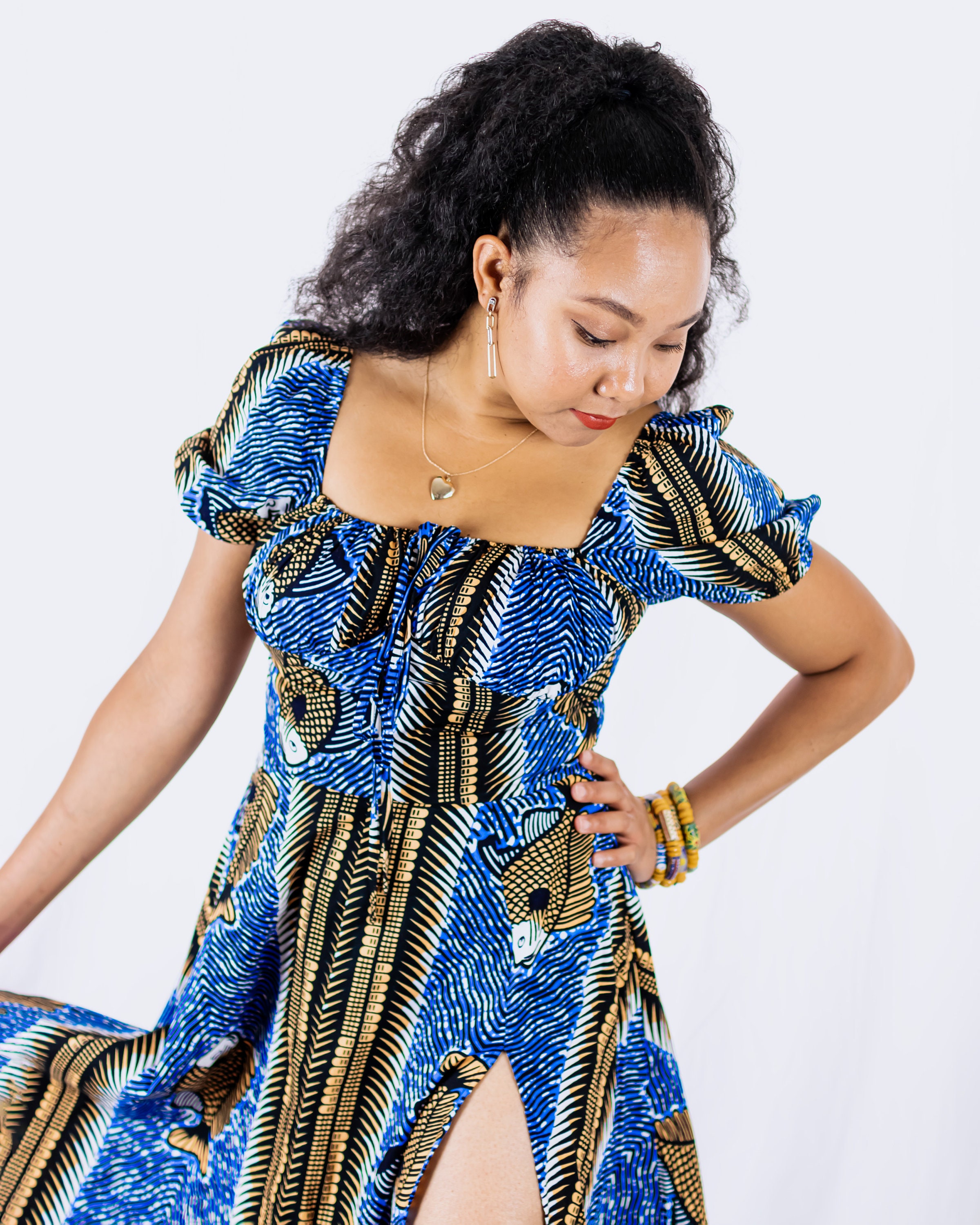 blue milk maid dress Sunshine Lane Milkmaid Sleeve Lace-up Back Dress Striped Steel Blue