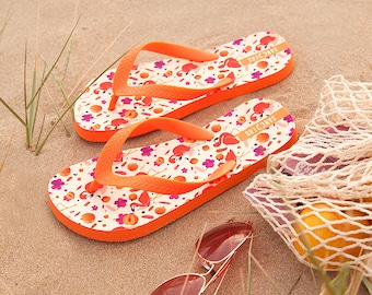 Orange Flip Flops with Peach and Flamingos illustration - Beach sandals - Slippers - Flamingo print - Kids and Adults flip flops