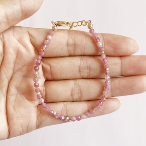 Dainty Pink Tourmaline Bracelet: 3mm Faceted Gemstone, Crystal Healing