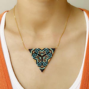 Handmade Big Blue Gold Triangle Necklace,Unique Design with Miyuki Seed Beads,Handmade Jewelry,bead weaving, gift for friends,Unique design
