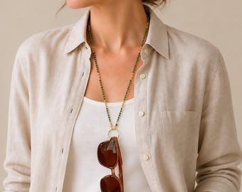 African Jade Sunglasses Holder Necklace, Green Beaded Glasses Chain, Round Ring Eyeglass Holder,  Wrap Bracelet Earphone Chain