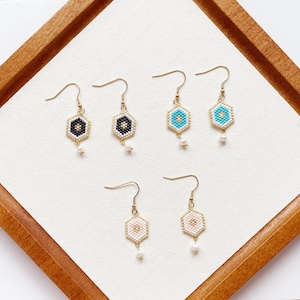 Handmade Hexagon Earrings with Cute pearl,Beaded Drop Earrings,Seed Bead Jewelry Miyuki delica earring,Brick stitch jewelry ,drop earring