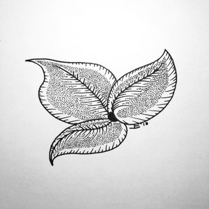 May include: A monochrome illustration featuring three leaves. The leaves are depicted with a dotted texture and outlined in black. The leaves are joined at the base, creating a simple, elegant design.