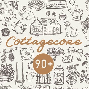 Puede incluir: Ilustración de estilo cottagecore dibujada a mano en tinta marrón sobre fondo crema. La imagen incluye una casa, animales, alimentos y objetos decorativos. La palabra "Cottagecore" está escrita en una fuente decorativa. Más de 90 ilustraciones.
