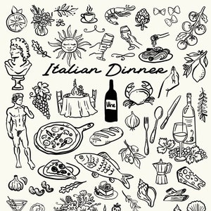 60+ Italiaans diner grillige stijl, SVG, PNG, AI, illustraties, handgetekende elementen,