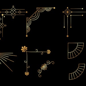 8 SVG、PNG (ゴールド & ブラック)、EPS - アールデコ、狂騒の 20 年代、グレート ギャツビー - アールデコの装飾コーナーのコレクション