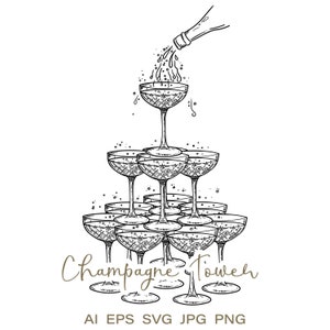 May include: A black and white line drawing of a champagne tower with a bottle pouring champagne into the top glass. The text "Champagne Tower" is written below the tower. The text "AI EPS SVG JPG PNG" is written below the tower.