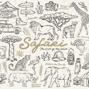 May include: A detailed black and white illustration with a safari theme. Depicted are various African animals, a tent, a safari vehicle, trees, and text that reads "Safari" and "The Call of the Wild".