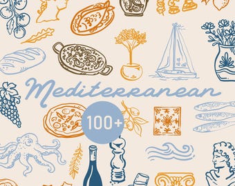 100+ Whimsical Mediterranean Set SVG, PNG, AI, illustrations, hand drawn elements, Italian, Spanish, Greek, Holiday, Food, Wedding, Dinner