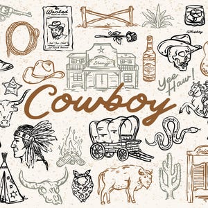30+ Cowboy Whimsical Style, SVG, PNG, AI, illustrations, hand drawn elements, Wild West, Western, Party
