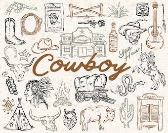 30+ Cowboy Whimsical Style, SVG, PNG, AI, illustrations, hand drawn elements, Wild West, Western, Party