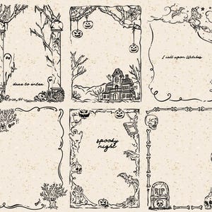 Könnte beinhalten: Eine Sammlung von sechs schwarz-weißen Illustrationen zum Thema Halloween. Jeder Rahmen zeigt gruselige Elemente wie Spukhäuser, Kürbisse, Geister, Fledermäuse und Skelette. Einige Rahmen enthalten Text wie "dare to enter" und "spooky night".