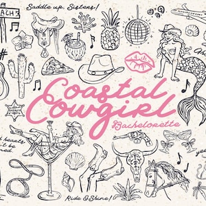 40+ Coastal Cowgirl Whimsical Style, SVG, PNG, AI, illustrations, hand drawn elements, Wild West, Western, Bachelorette Party, Marine,