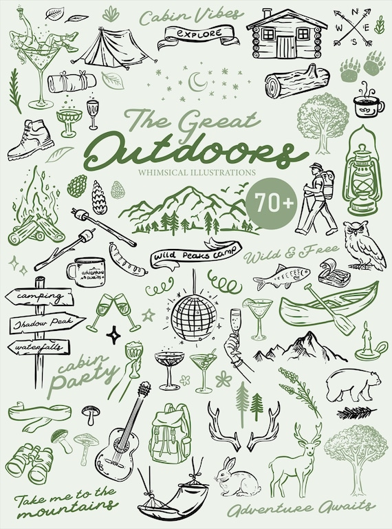 70+ Outdoor Whimsical Style, SVG, PNG, AI, illustrations, hand drawn elements, Cabin Party, Camping, Wilderness