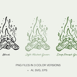 May include: Three versions of a campfire illustration: black, soft muted green, and deep forest green. The campfire is made of two logs with flames rising above them. The text "PNG FILES IN 3 COLOR VERSIONS + AI, SVG, EPS" is below the illustrations.