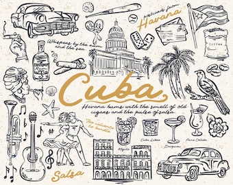 Cuba Illustration Set: Hand-Drawn Caribbean Elements (SVG, PNG, AI)