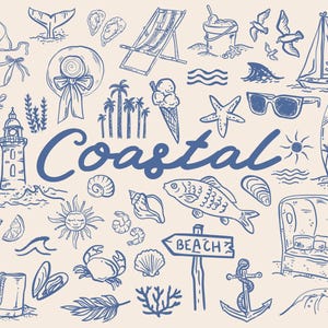Peut inclure: Une illustration bleue et blanche de divers objets sur le thème côtier, notamment un phare, des coquillages, une planche de surf, un poisson, un crabe, une ancre, une chaise de plage, un soleil et le mot "Coastal".