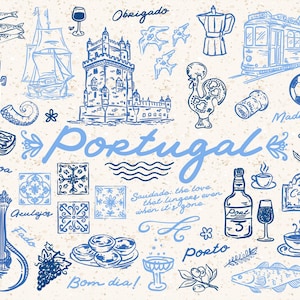 Plus de 40 illustrations de style lunatique du Portugal, SVG, PNG, AI, éléments dessinés à la main, symboles portugais, azulejos,