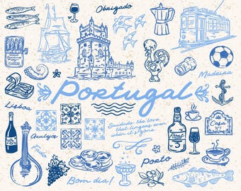 40+ Portugal Whimsical Style Illustration Set, SVG, PNG, AI, hand drawn elements, Portuguese Symbols, Azulejos,