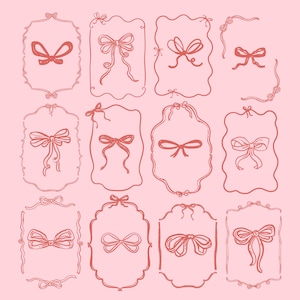May include: A set of 12 hand-drawn illustrations of bows in various frames. The frames are all different shapes and sizes, and the bows are all different styles. The illustrations are in a pink colour.