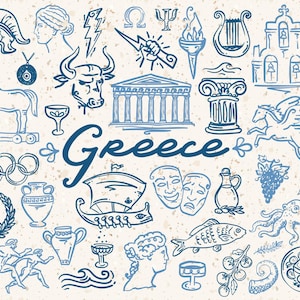 40 ilustraciones de estilo griego caprichoso (SVG, PNG, AI), elementos dibujados a mano, Grecia, símbolos, festividades, viajes, mitología