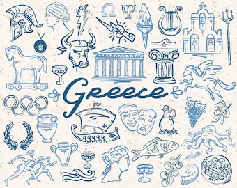 40 Greek Whimsical Style Illustration Set, SVG, PNG, AI, illustrations, hand drawn elements, Greece, Symbols, Holidays, Travel, Mythology