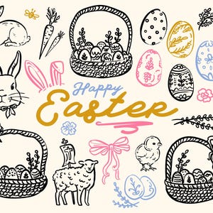 Pode incluir: Uma coleção de ilustrações com tema de Páscoa, incluindo coelhos, cestas cheias de ovos, pintinhos e flores. O texto "Happy Easter" está escrito em uma fonte caprichosa.