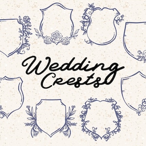 May include: Set of ten black and white wedding crest illustrations with floral accents. The crests are in the shape of shields with a blank space for text or images.