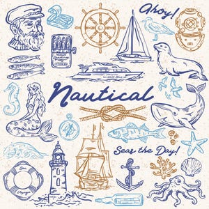 Könnte beinhalten: Eine nautische Illustration mit einer Vielzahl von Meereslebewesen und nautischen Objekten, darunter eine Meerjungfrau, ein Wal, ein Segelboot, ein Leuchtturm, ein Kompass, ein Seepferdchen, ein Seestern, eine Muschel, ein Tintenfisch, ein Rettungsring, eine Flasche, ein Knoten und der Text "Ahoy!" und "Seas the Day!"