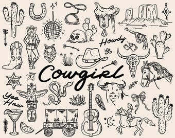 40+ Cowgirl Whimsical Style, SVG, PNG, AI, illustrations, hand drawn elements, Wild West, Western, Bachelorette Party
