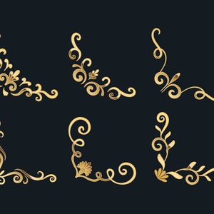 Puede incluir: Conjunto de seis diseños de esquina decorativos dorados con intrincados patrones florales. Estos elementos de esquina ornamentados son perfectos para agregar un toque de elegancia a las invitaciones, tarjetas y otras manualidades de papel.