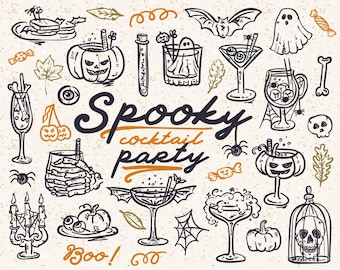 May include: A black and orange illustration with the text "Spooky cocktail party" and "Boo!". The image features various Halloween-themed drawings, including cocktails, pumpkins, bats, ghosts, and spiders.