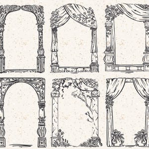 Puede incluir: Una colección de seis ilustraciones en blanco y negro de arcos decorativos. Los arcos presentan varios diseños, incluyendo elementos florales y de tela drapeada, adecuados para la decoración de bodas o eventos.
