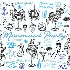 50 Whimsical Mermaid Patry, Hand gezeichnet, Meerjungfrau im Glas, Mädchen Nacht, Martini, Strand Thema, unter dem Meer, Küste