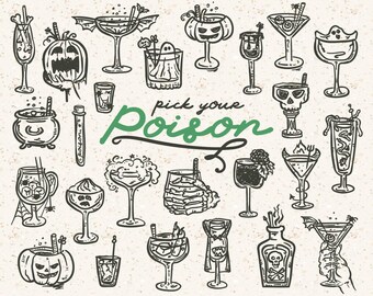 Whimsical Halloween Cocktails Illustration Set: Spooky Drinks SVG, PNG (Personal Use)