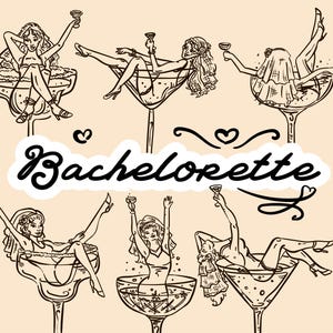 6 Bachelorette Party Whimsical Style, SVG, PNG, AI, illustrations, hand drawn elements, Bride to be, girl in glass, Martini, Champagne,