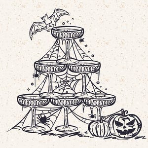 May include: A black and white illustration of a Halloween-themed champagne tower. The tower is made of coupe glasses, decorated with spiderwebs, spiders, and a bat. Two pumpkins with carved faces are at the base.