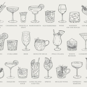May include: A black and white line drawing illustration of 18 different cocktails. Each cocktail is labelled with its name. The cocktails include: Martini Dry, Champagne, Tequila Shot, Margarita, Old Fashioned, Wine, Whiskey on the Rocks, Gin & Tonic, Mojito, Cuba Libre, Beer, Moscow Mule, Pina Colada, White Russian, Cosmopolitan, Paloma, Daiquiri, Whiskey Sour, Long Island Iced Tea, Spritz, Mulled Wine, Espresso Martini, and French 75.
