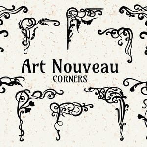 May include: A collection of black Art Nouveau corner designs on a speckled beige background. The designs feature swirling lines, floral elements, and decorative flourishes. The text "Art Nouveau Corners" is displayed in a stylized font.