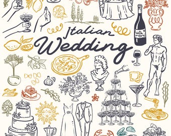 40+ grillige Italiaanse bruiloft SVG, PNG, AI, illustraties, handgetekende elementen,