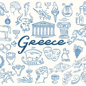 40 griechischen wunderlichen Stil Illustration Set, SVG, PNG, AI, Illustrationen, handgezeichnete Elemente, Griechenland, Symbole, Feiertage, Reise, Mythologie